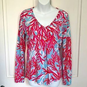 Lilly Pulitzer long sleeve tee gold buttons. pink and turquoise coral print S